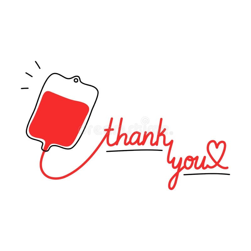 Drawing of a bag of donated blood flowing into the words Thank You