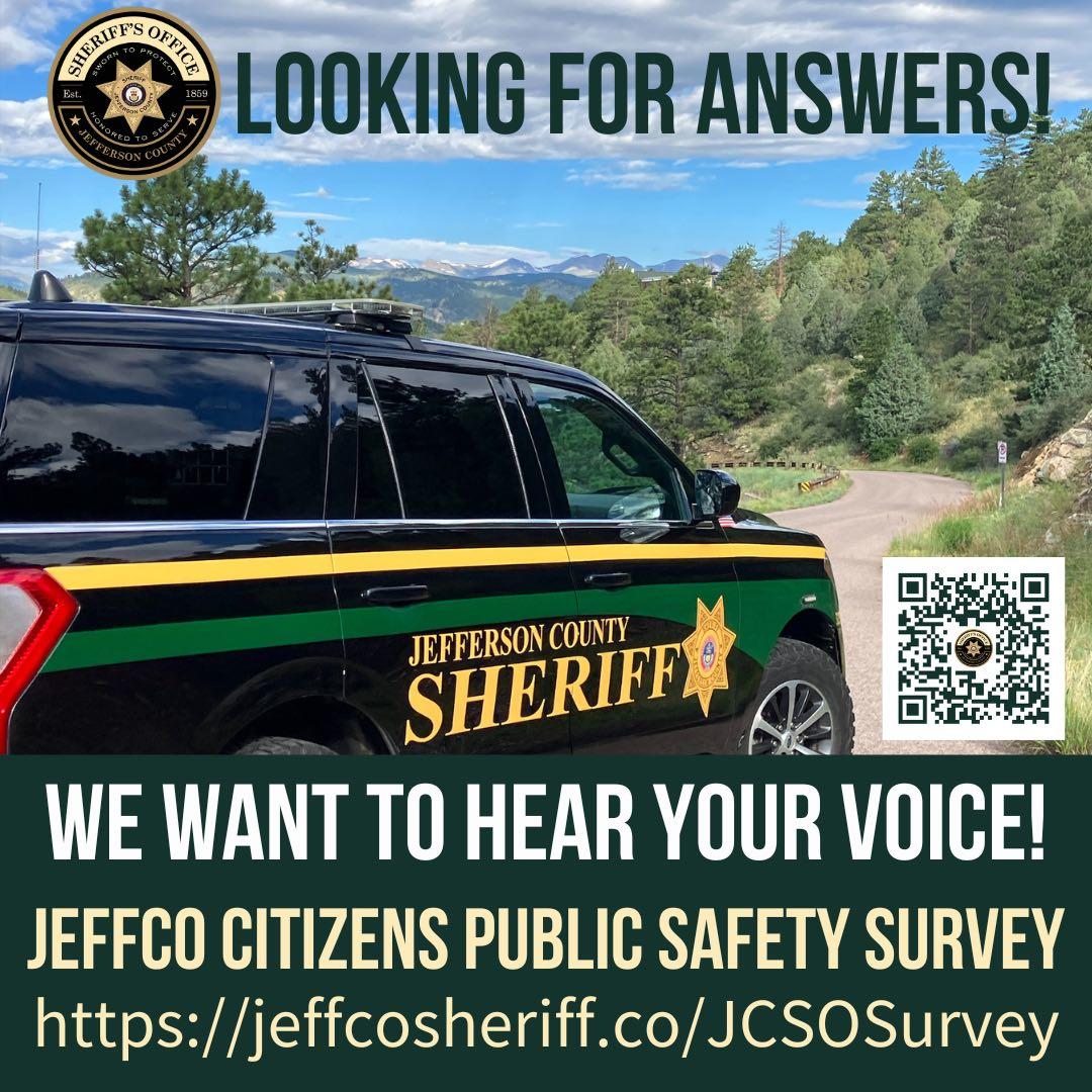 Jefferson County Sheriff patrol vehicle on mountain road with QR code and jeffcosheriff.co/JCSOSurvey url for Jeffco Citizens Public Safety Survey