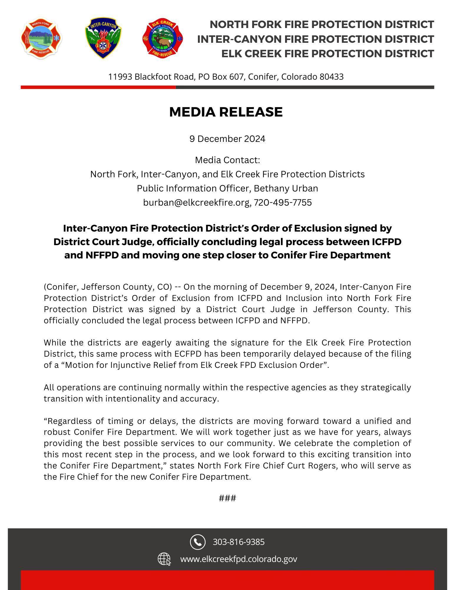 Elk Creek Fire December 9 2024 Media Release on the Order of Exclusion by District Court Judge