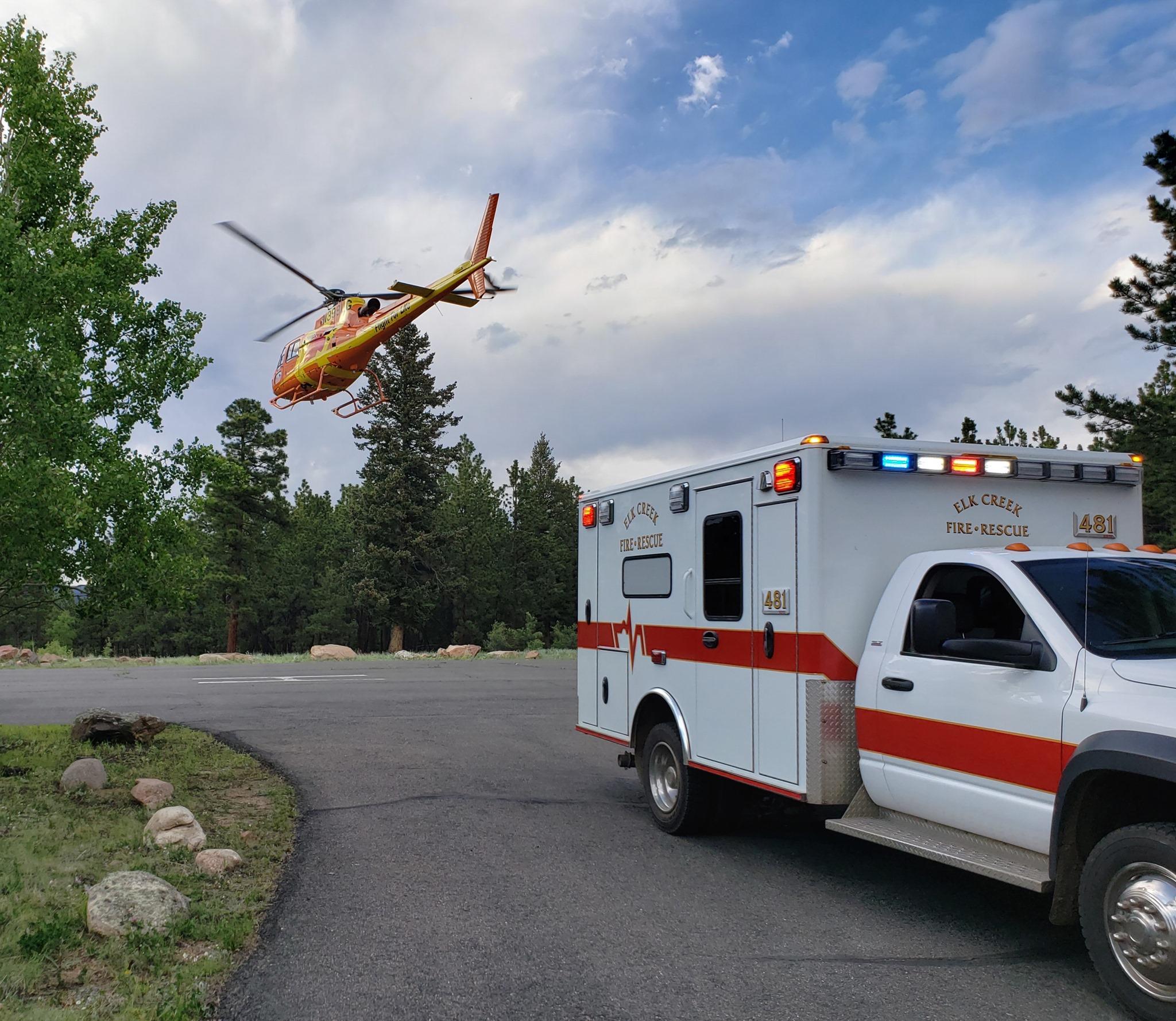 Elk Creek Fire Protection District ambulance and Flight For Life helicopter