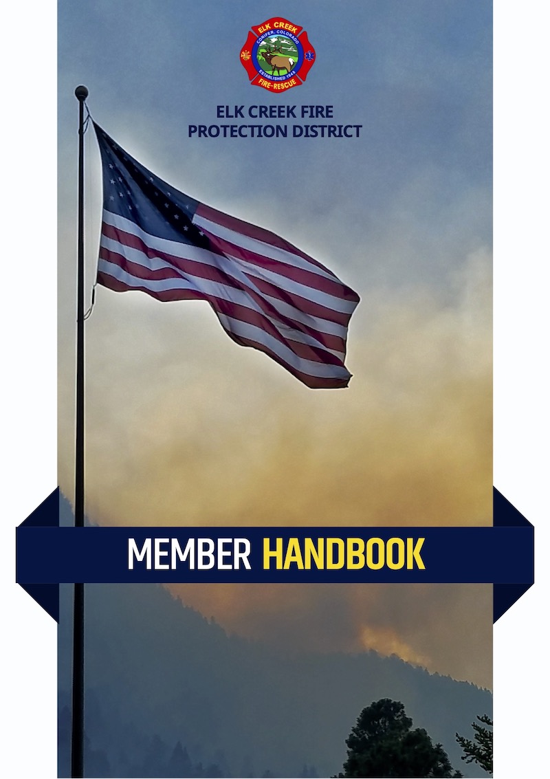 mountains with wildfire smoke and American flag. Text reads Elk Creek Fire Protection District Member Handbook